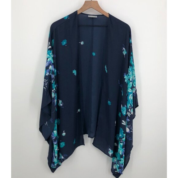 Catherines Floral Kimono Cardigan Women One Size Navy Open Front Lightweight - Picture 1 of 7